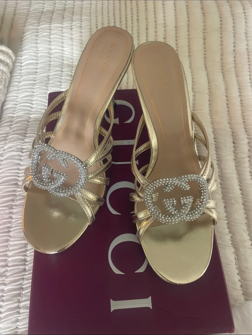 Gucci Gold Crystal Interlocking G Slide Sandals